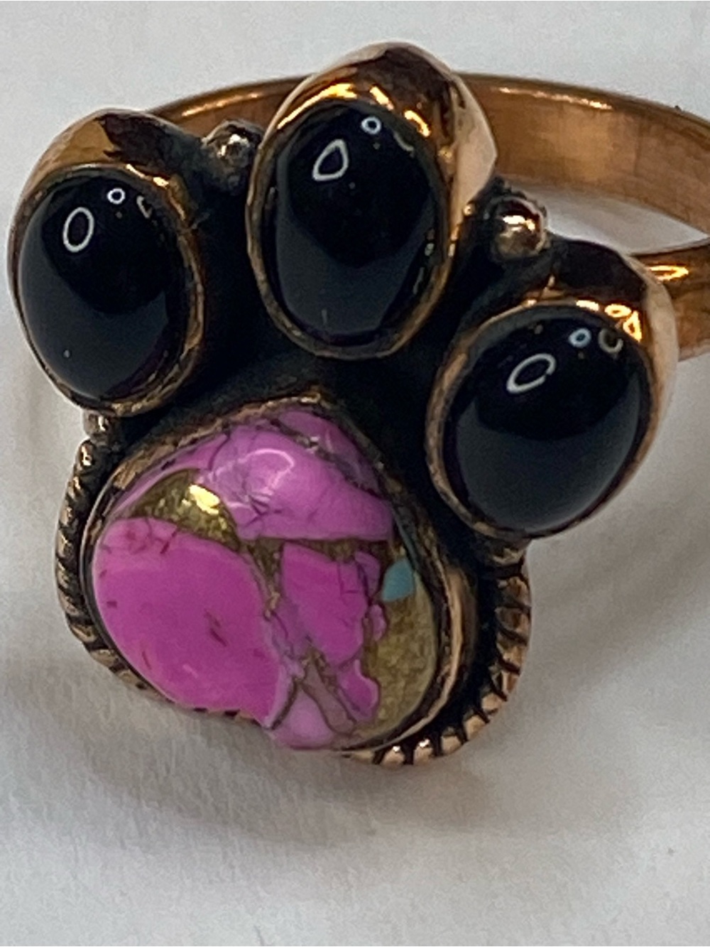 Dog Paw Cotton Candy Turquoise Onyx Solid Copper Adjustable Ring Boho Southwest - Picture 3 of 7